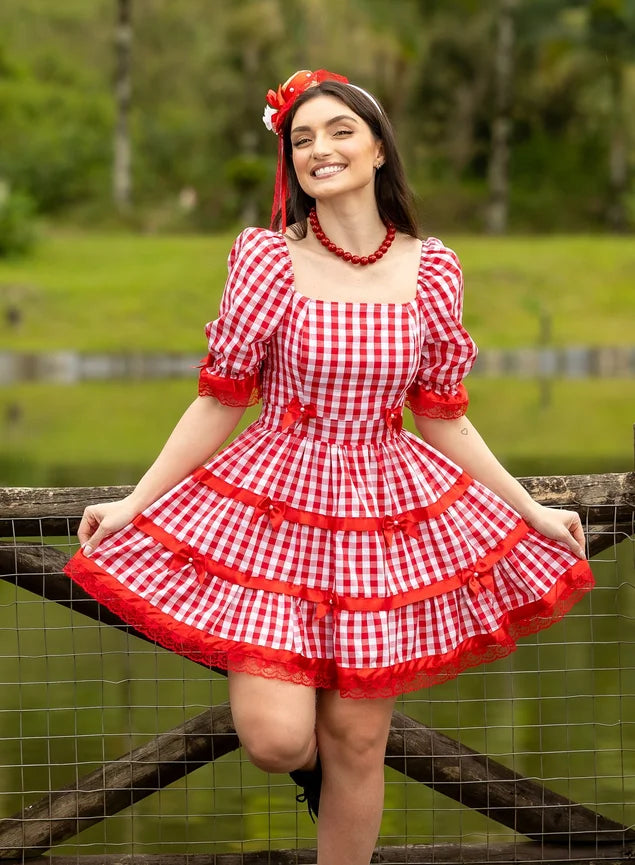 Vestido Caipira Xadrez Vermelho e Branco - Lívia