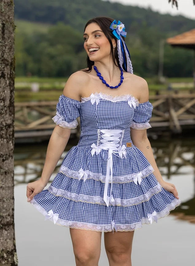 Vestido Caipira Xadrez Azul e Branco - Tereza
