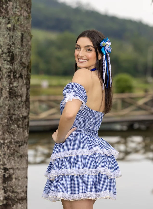 Vestido Caipira Xadrez Azul e Branco - Tereza