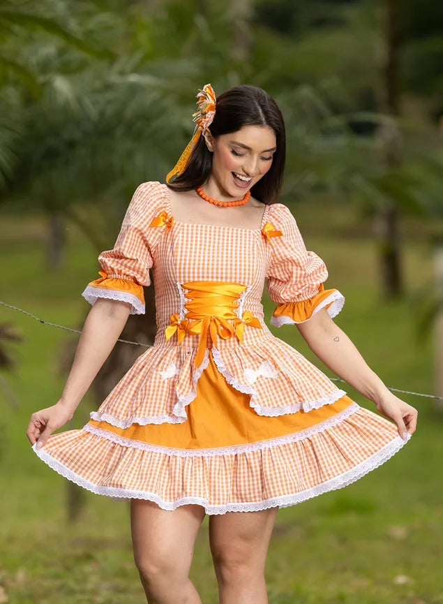 Vestido Caipira Xadrez Laranja - Mariá