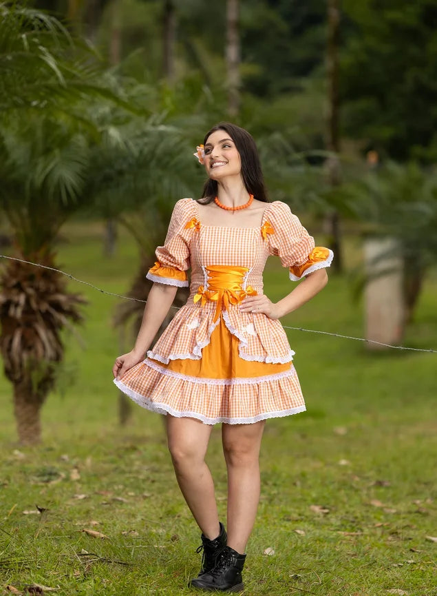 Vestido Caipira Xadrez Laranja - Mariá