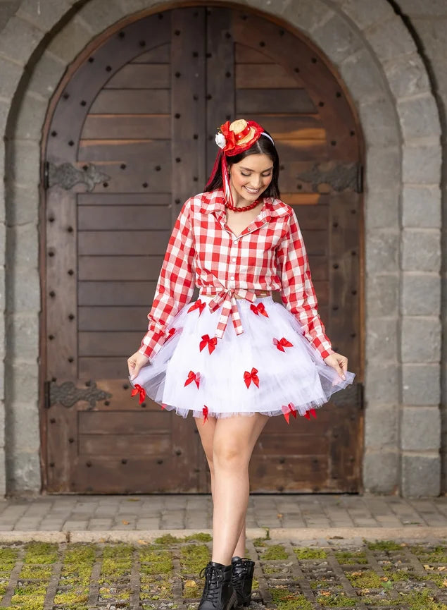 Conjunto Junino Xadrex Vermelho + Saia Tule Branca - Maria Flor