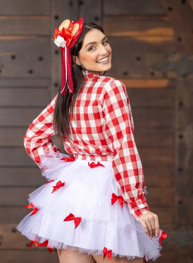 Conjunto Junino Xadrex Vermelho + Saia Tule Branca - Maria Flor
